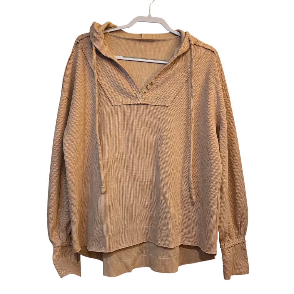 VYSN Drawstring Long Sleeve Hoodie Tan Pullover Cozy Comfy Cotton Sweater NWOT M
